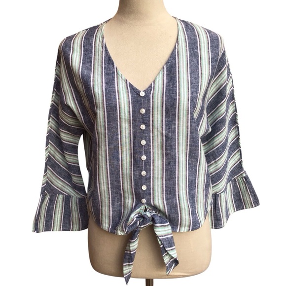 For Cynthia Striped Linen Blend Tie Front Bell Sleeve Crop Shirt - Picture 3 of 9